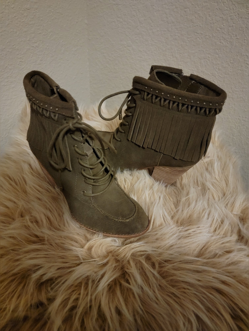 (NEW) Gianni Bini Lace-Up Fringe Boots - Army Green Color - Picture 2 of 4